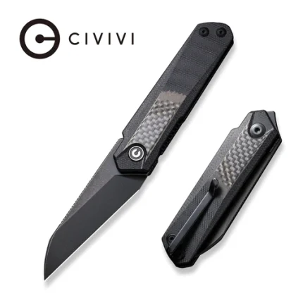 CIVIVI Ki-V Plus Front Flipper Knife Twill Carbon Fiber Overlay On Black G10 Handle (2.52" Black Stonewashed Nitro-V Blade) C20005B-3