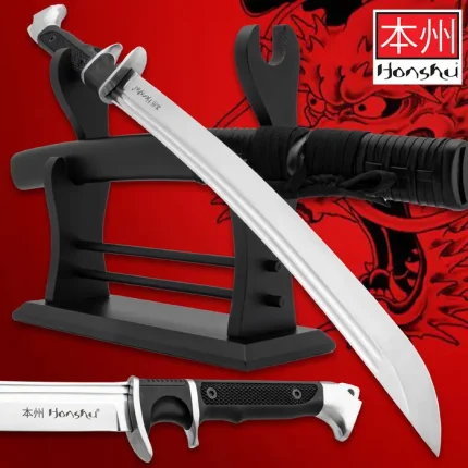 HONSHU SUB-HILT WAKIZASHI AND SHEATH - 1060 HIGH CARBON STEEL BLADE, BLACK TPR HANDLE, CARBON STEEL GUARD - LENGTH 28 7/8” - UC3474