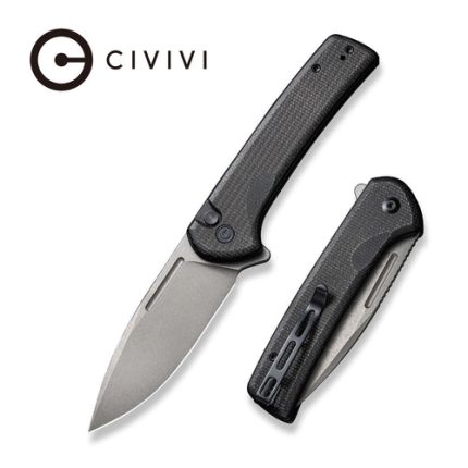 CIVIVI Conspirator Pocket Knife with Button Lock and Flipper Opener Black Micarta Handle (3.47'' Gray Stonewashed Nitro-V) C21006-1