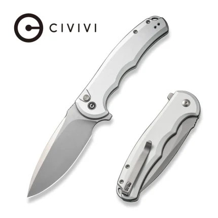 CIVIVI Button Lock Praxis Flipper Knife Silver Aluminum Handle (3.75" Satin Finished Nitro-V Blade) C18026E-2