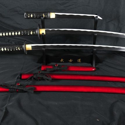 Handforged 1045 Carbon Steel Samurai Daisho Sword Set - Red Saya