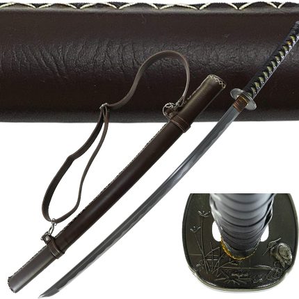 Tactical Hand Forged 41? 1045 Carbon Steel Samurai Sword with Brown Leather Sheath w/ Shoulder Strap - T64019